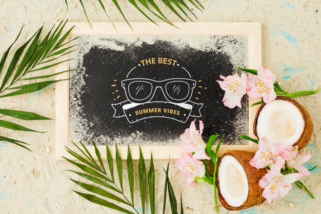 Flat Lay Slate Mockup With Summer Elements Psd