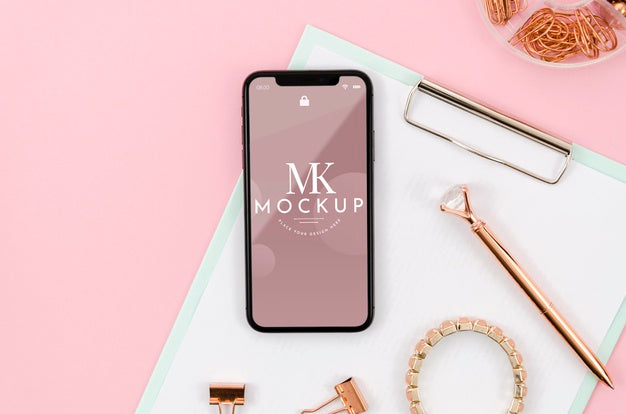 Flat Lay Smartphone Mock-Up On Clipboard With Bracelet Psd