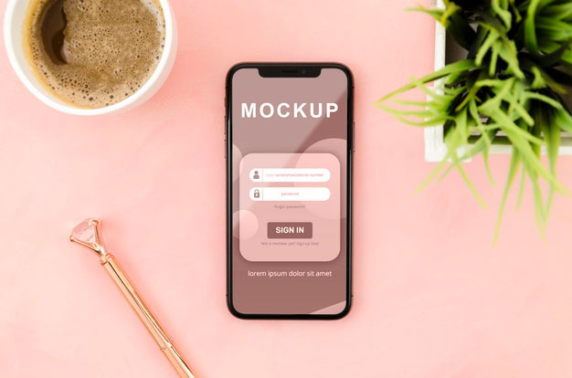 Flat Lay Smartphone Mock-Up With Coffee And Plant Psd