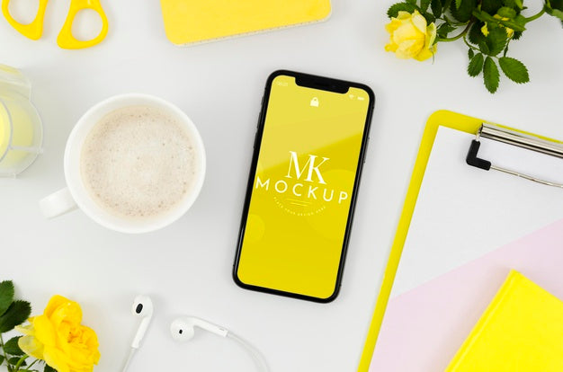Flat Lay Smartphone Mock-Up With Cup Psd