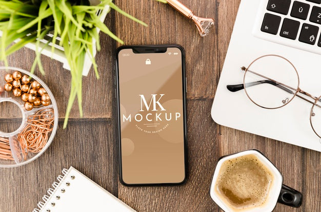 Flat Lay Smartphone Mock-Up With Laptop And Glasses Psd