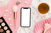 Flat Lay Smartphone Mock-Up With Make-Up Palette And Coffee On Desk Psd