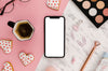 Flat Lay Smartphone Mock-Up With Make-Up Palette And Coffee Psd