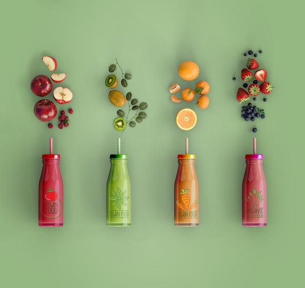 Flat Lay Smoothies With Delicious Fruits Mock-Up Psd