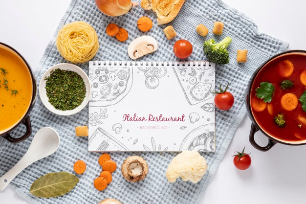 Flat Lay Soup With Assortment Of Ingredients And Notepad Mock-Up Psd