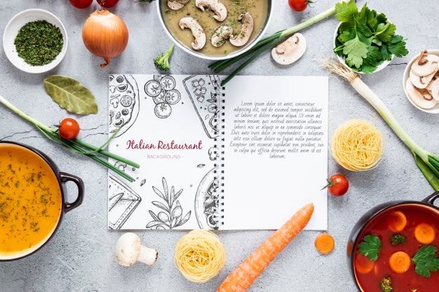 Flat Lay Soup With Assortment Of Ingredients And Recipe Mock-Up Psd