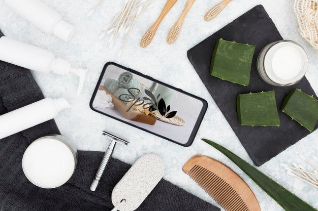 Flat Lay Spa Center Mock-Up And Mobile Phone Psd
