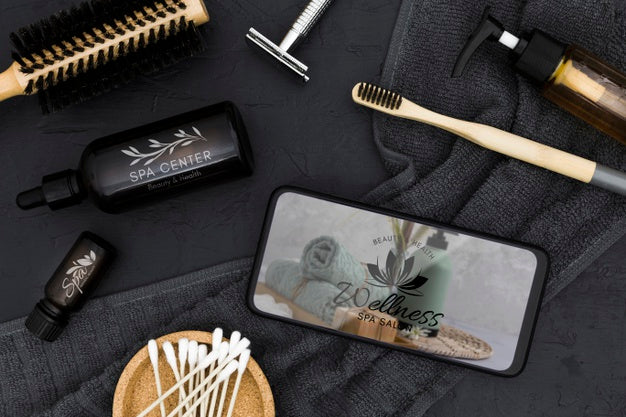Flat Lay Spa Center Mock-Up And Smartphone Psd