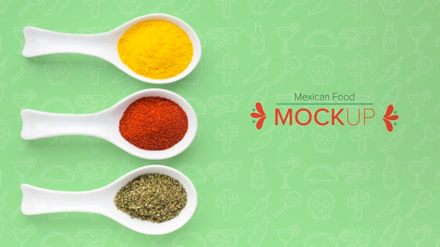 Flat Lay Spoons Filled With Spices Mock-Up Psd