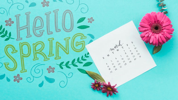 Flat Lay Spring Mockup With Calendar Psd