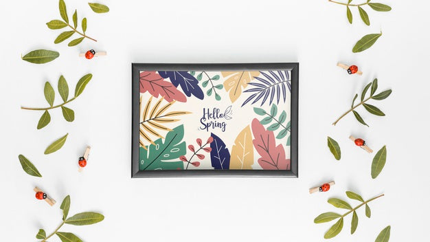 Flat Lay Spring Mockup With Frame Psd