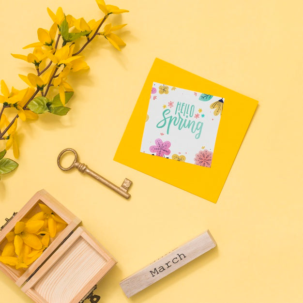 Flat Lay Spring Mockup With Greeting Card Psd