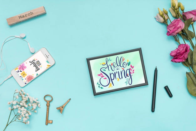 Flat Lay Spring Mockup With Greeting Card Psd