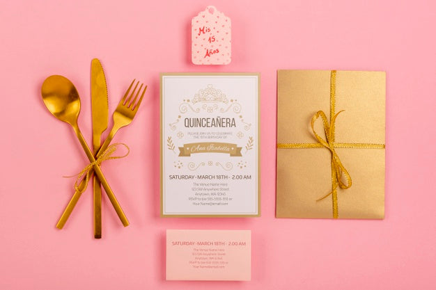 Flat Lay Stationery Items For Sweet Fifteen Event Psd