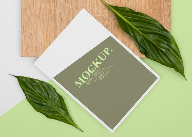 Flat Lay Stationery Leaves And Wood Psd