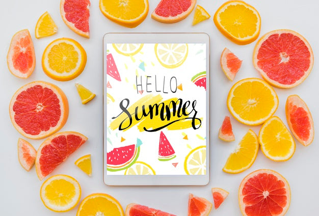 Flat Lay Summer Background With Tablet Mockup Psd