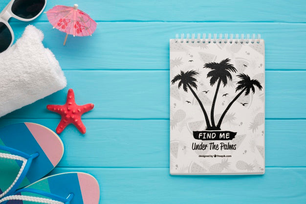 Flat Lay Summer Notepad With Flip Flops On The Table Psd