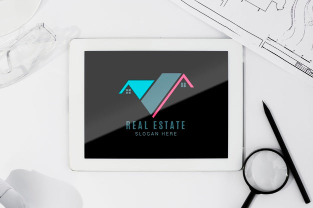 Flat Lay Tablet Mock-Up With Architectural Tools Psd