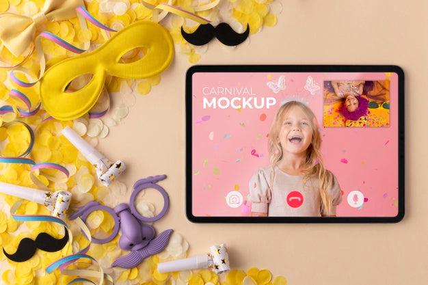Flat Lay Tablet Mock-Up With Carnival Accessories Psd