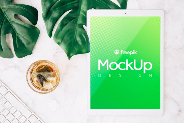 Flat Lay Tablet Mockup On Workspace Psd