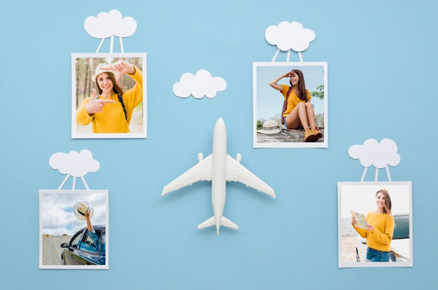 Flat Lay Travel Concept With Photos Psd