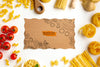 Flat Lay Uncooked Pasta Assortment And Tomatoes With Cardboard Mock-Up Psd