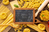 Flat Lay Uncooked Pasta Assortment With Blackboard Mock-Up Psd