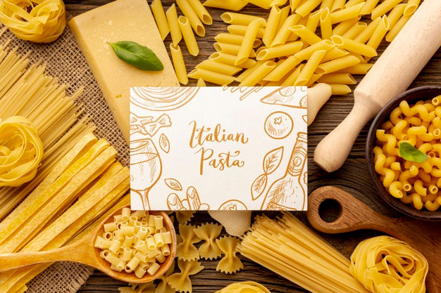 Flat Lay Uncooked Pasta Assortment With White Rectangle Mock-Up Psd