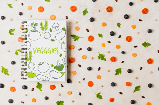 Flat Lay Vegetables Assortment With Notebook Mock-Up Psd
