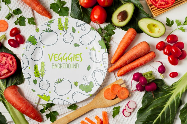 Flat Lay Vegetables Assortment With Plate Mock-Up Psd