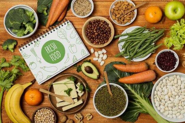 Flat Lay Vegetables With Notebook Mock-Up Psd