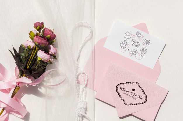 Flat Lay Wedding Ideas With Envelope And Bouquet Of Flowers Psd