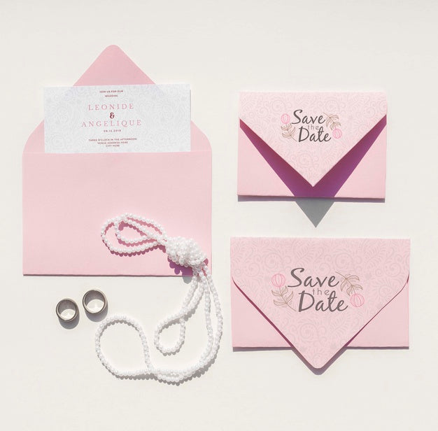 Flat Lay Wedding Ideas With Set Of Envelopes With Rings Psd