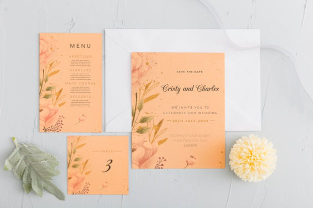Flat Lay Wedding Invitation With Flowers Psd