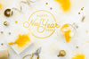 Flat Lay Yellow New Year Party Accessories And Happy New Year Lettering Psd