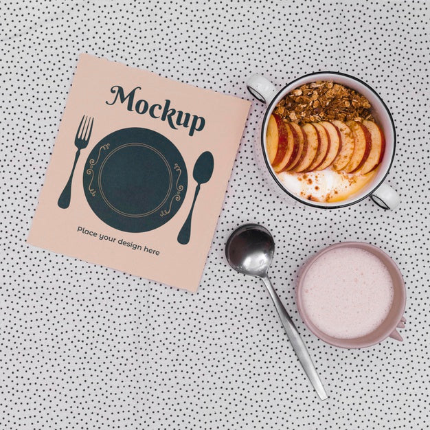 Flat Lay Yogurt And Fruits With Cardboard Mock-Up Psd