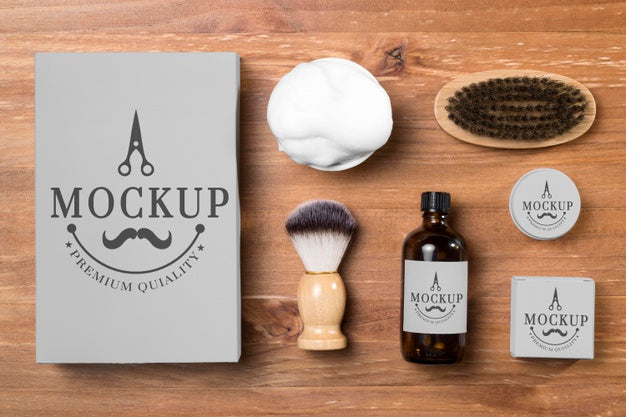 Flat View Of Set Of Beard Care Products With Shaving Foam Psd