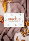 Flay Lay Leaves And Nuts On Cloth Autumn Mock-Up Psd