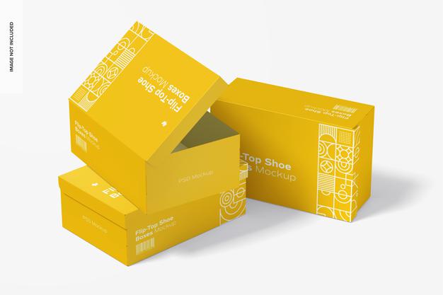 Flip-Top Shoe Boxes Mockup, Left View Psd