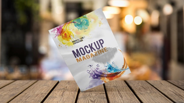Floating Magazine Mockup On Wooden Table Psd