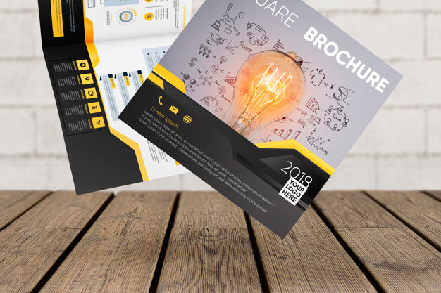 Floating Square Brochure Mockup Above Wooden Surface Psd
