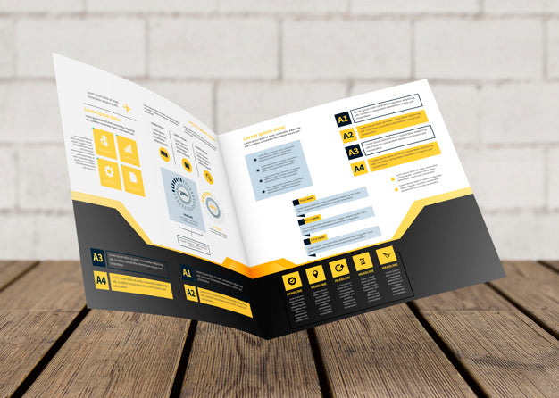 Floating Square Brochure Mockup Above Wooden Surface Psd