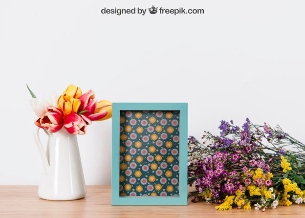 Floral Mockup Of Blue Frame Psd