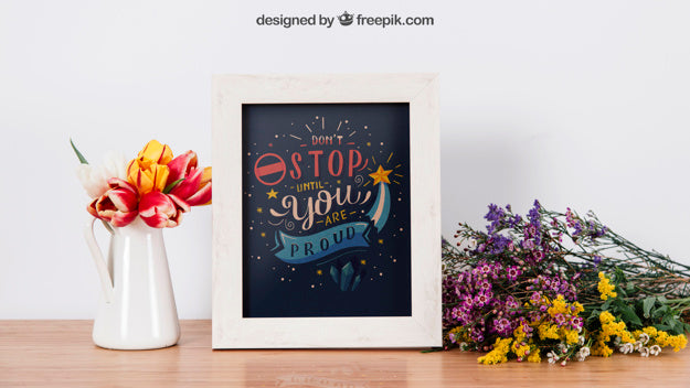 Floral Mockup Of Frame On Table Psd
