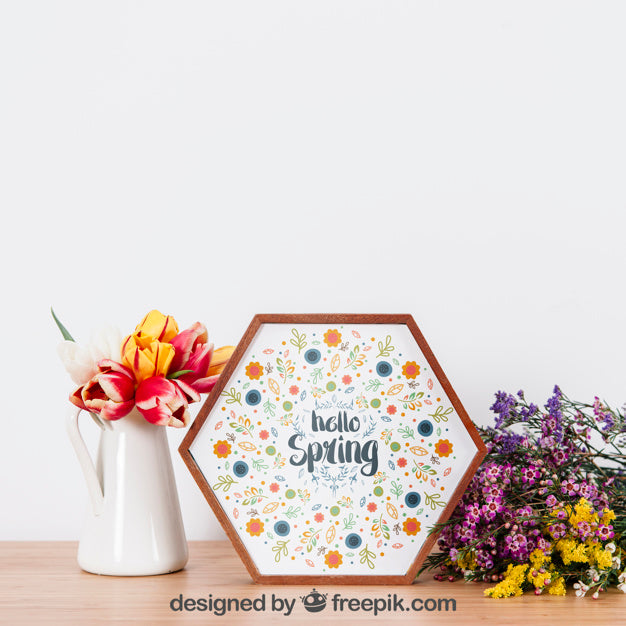 Floral Mockup Of Hexagonal Frame Psd