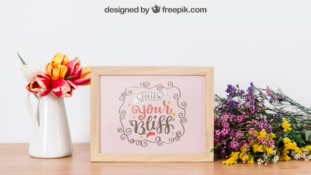Floral Mockup Of Wooden Frame Psd