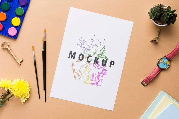 Flower And Desk Tools On Office Mock-Up Psd