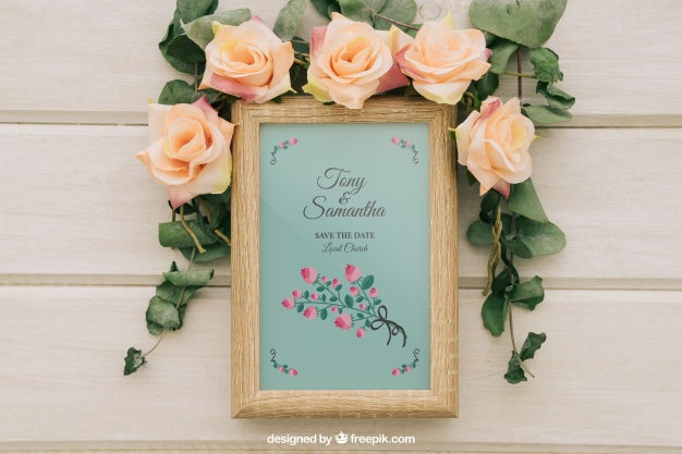 Flowers And Leaves Around Wooden Frame Psd