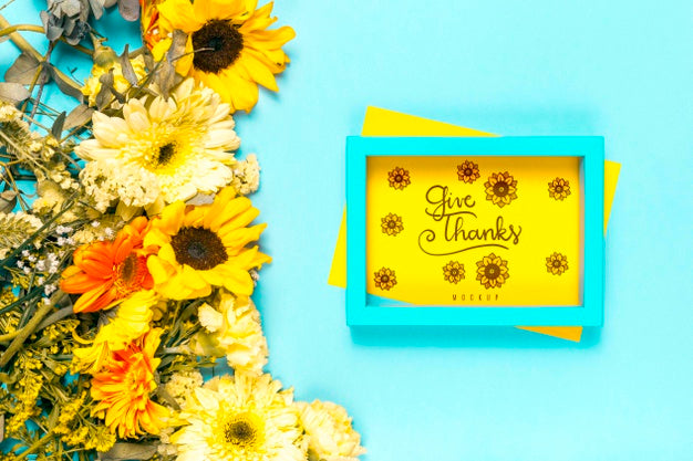 Flowers Arrangement With Blue Frame Psd