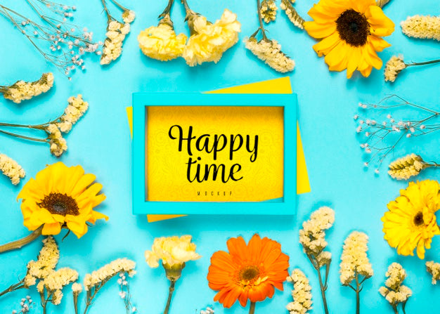 Flowers Assortment With Blue Frame Psd